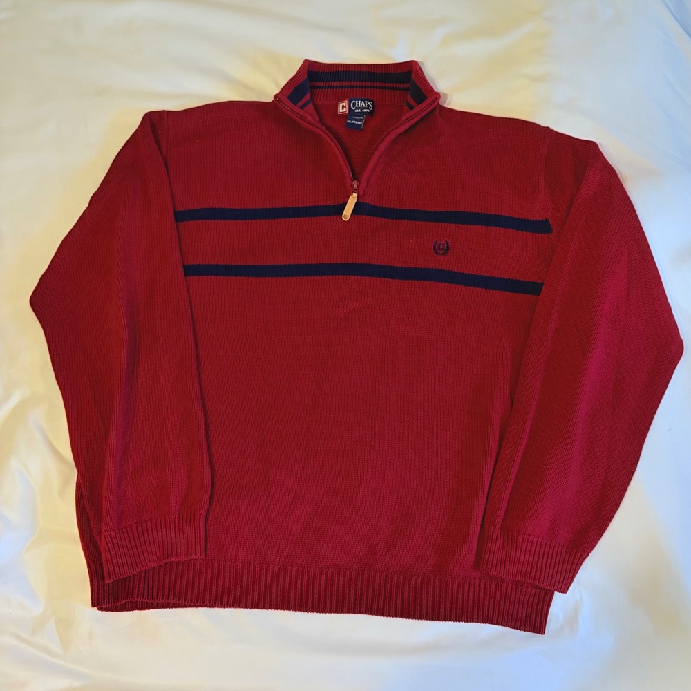Chaps Mens XXL Quarter Zip Sweater Burgundy Red Navy Blue Striped Cotton Knit